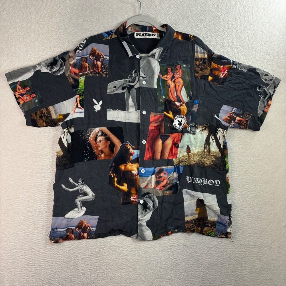 Playboy PacSun Button Shirt Men L Black Photo Collage Surf Club AOP Camp Beach